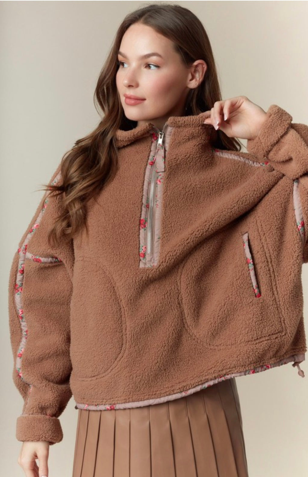 Ditsy Floral Printed Half Zip Sherpa