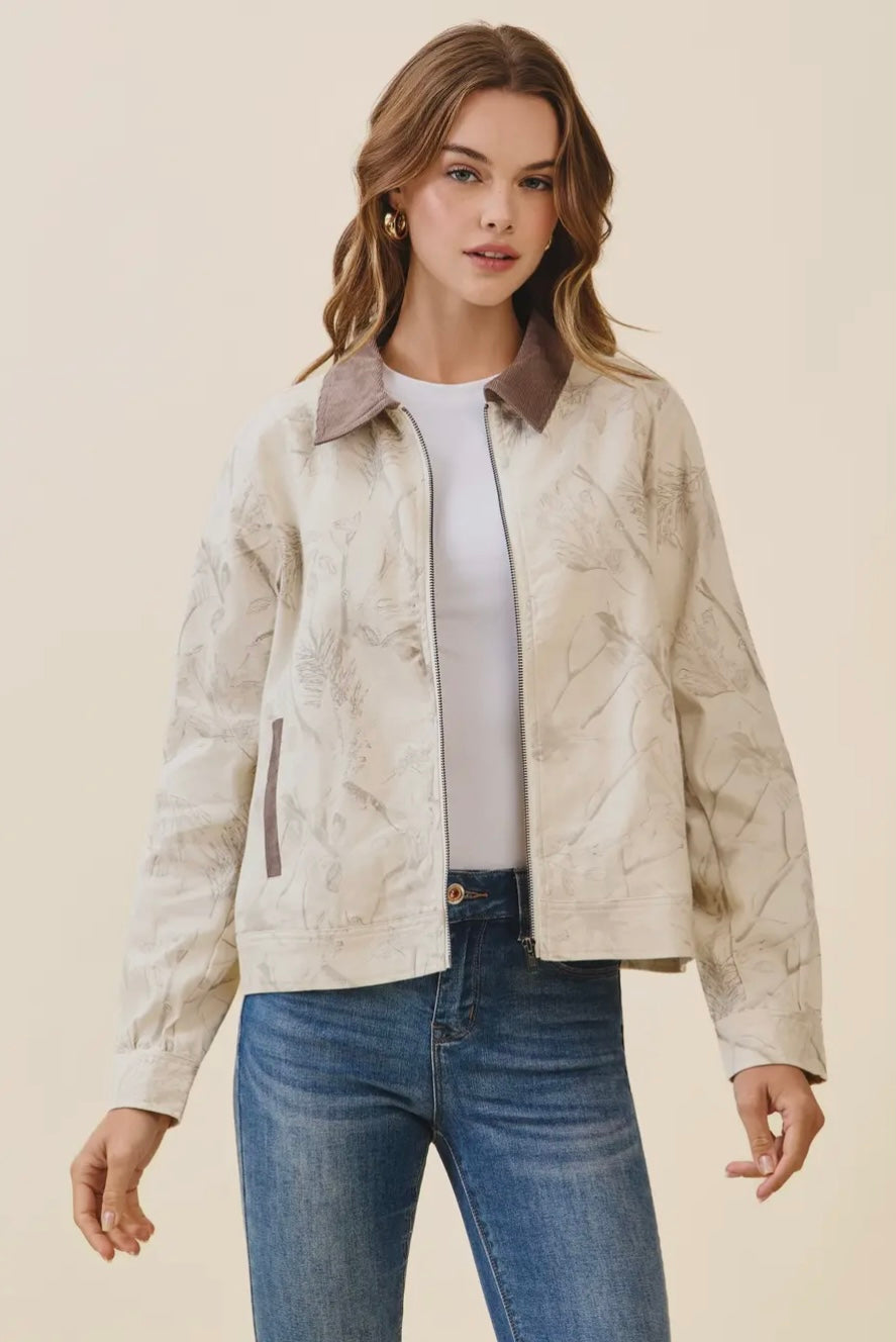 Floral Print Corduroy Detail Jacket