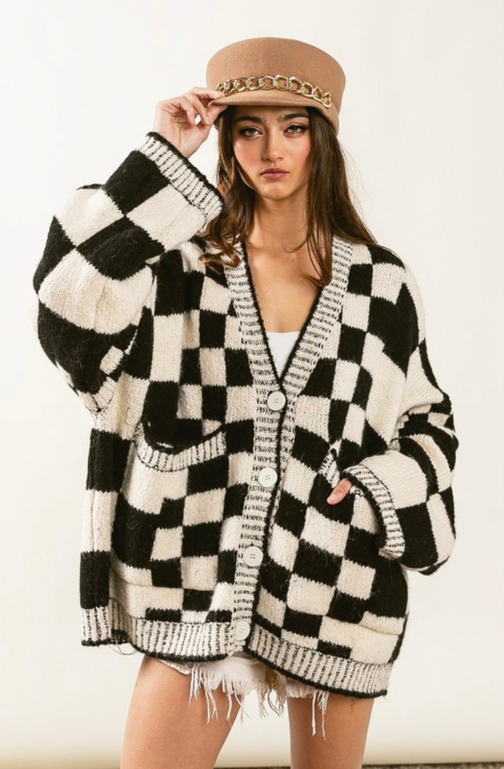 Patch Pockets Checkered Sweater Cardigan