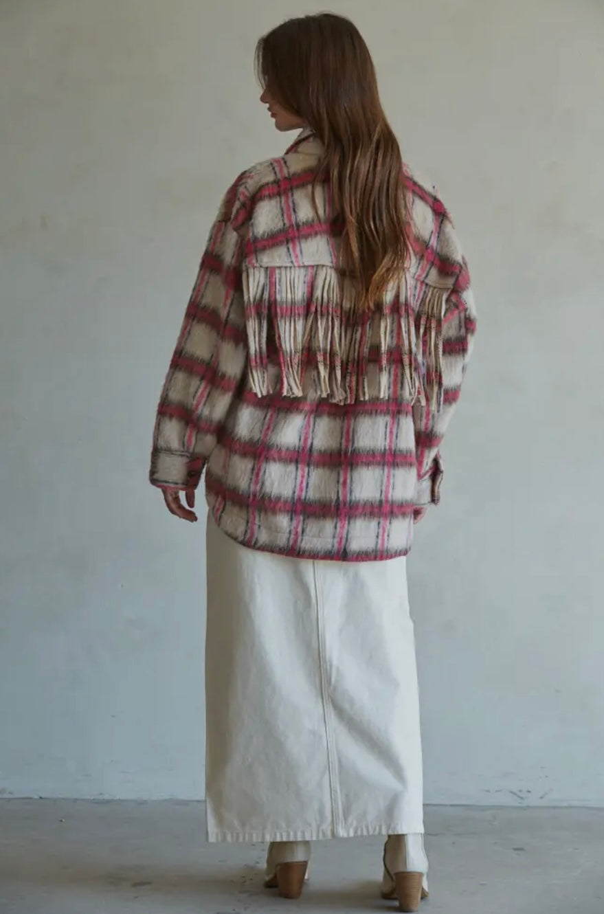 Plaid Buttondown Jacket With Back Fringe Detail