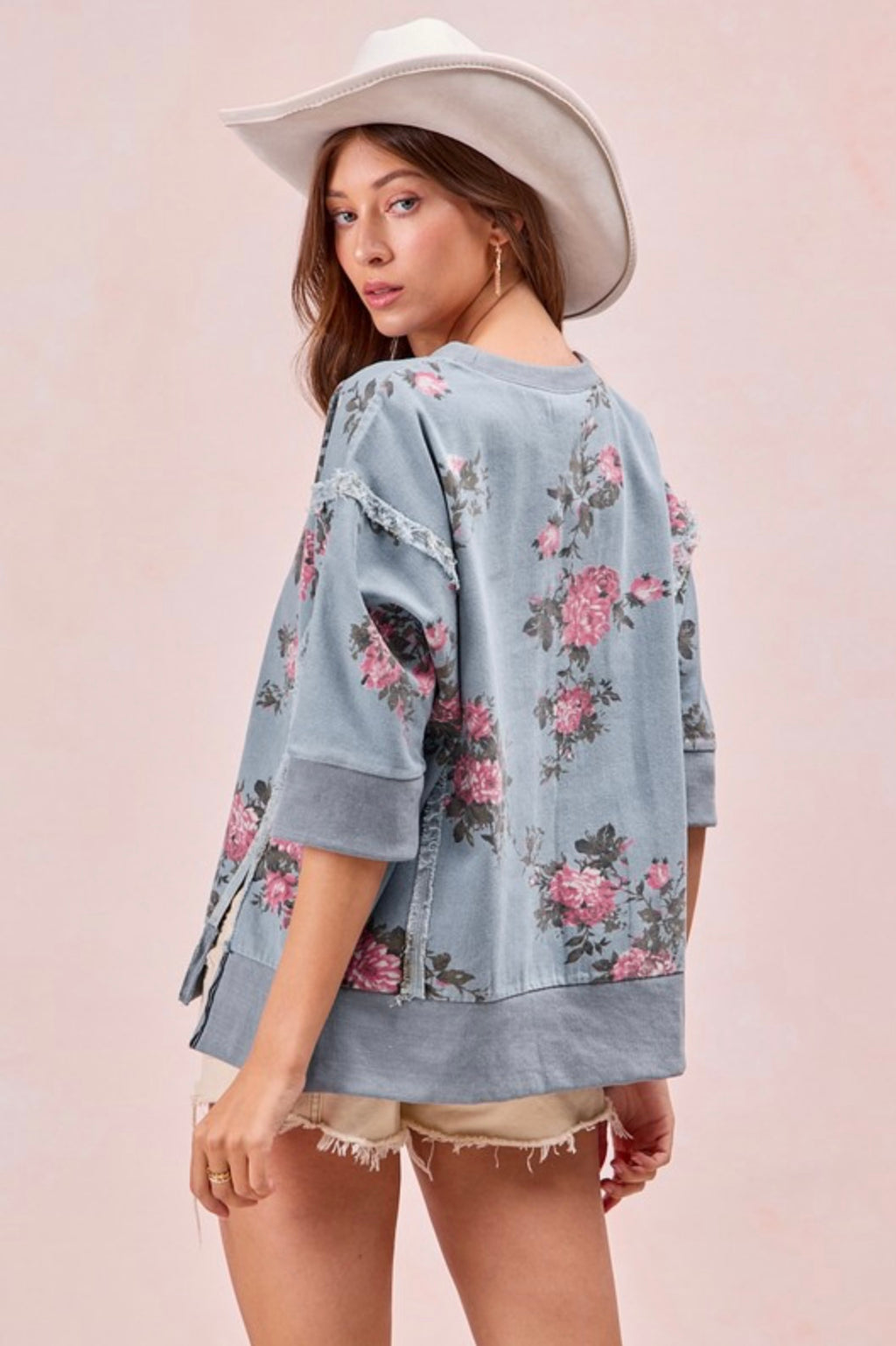 Flower Printed Denim Open Seam Short Sleeve Top