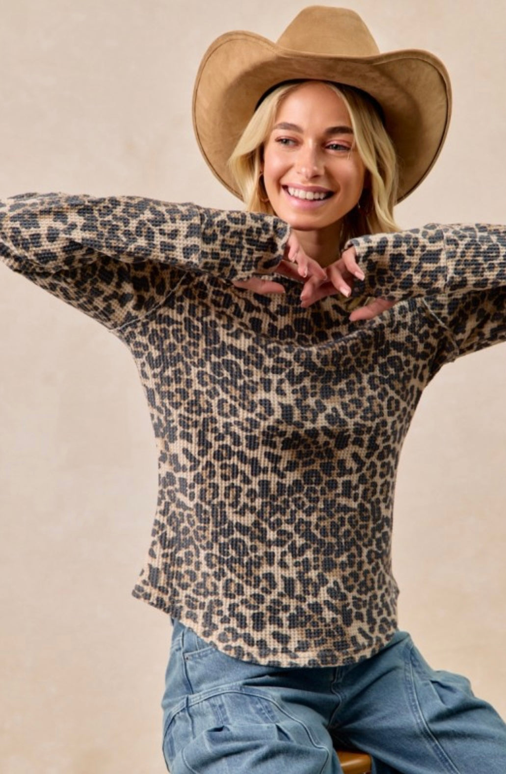 Leopard Print Washed Waffle Thermal Top With Thumb Holes