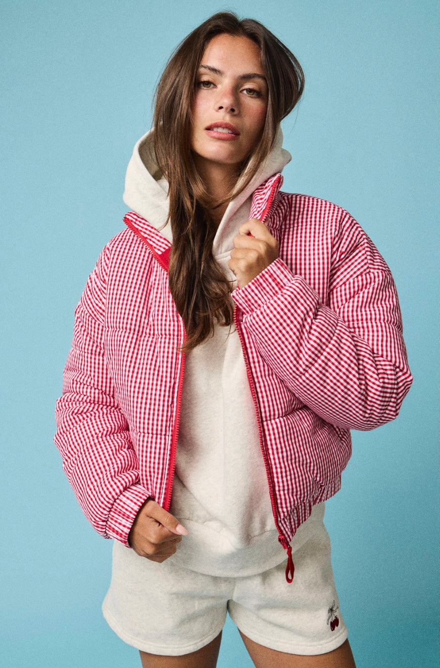 Gingham Zip Up Puffer Jacket