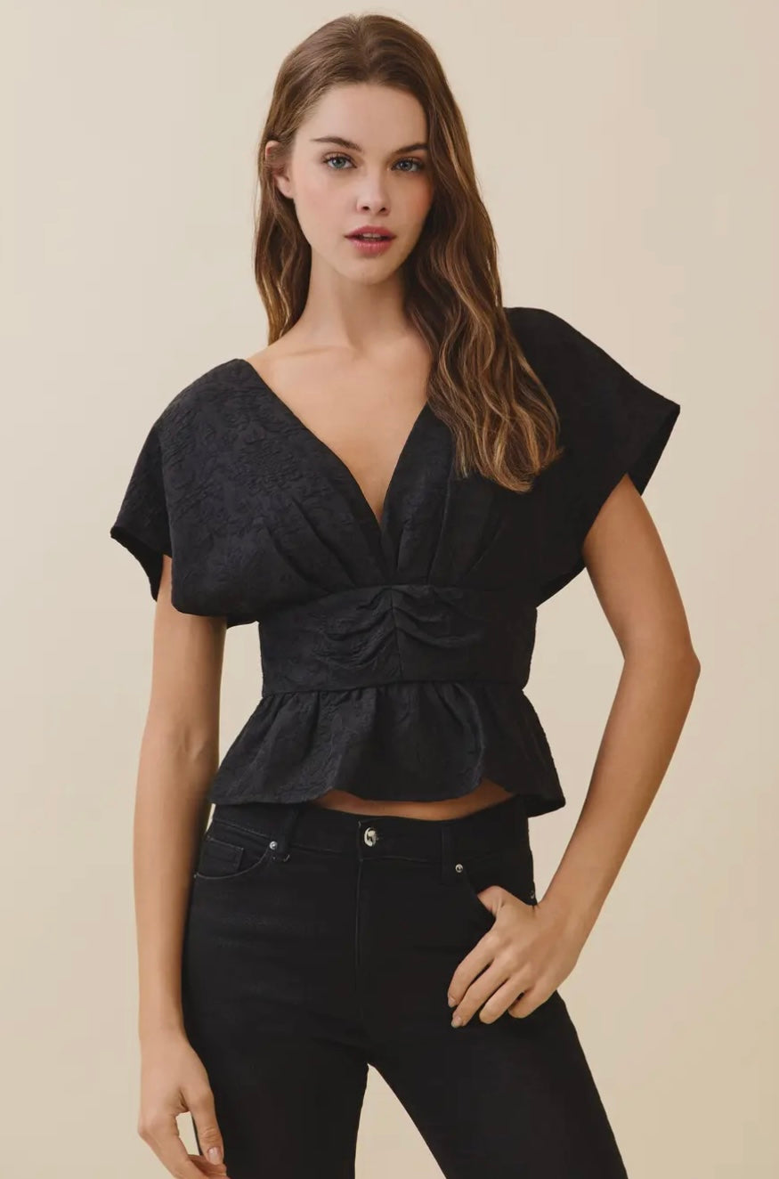 Textured Deep V Neck Ruched Waistband Top