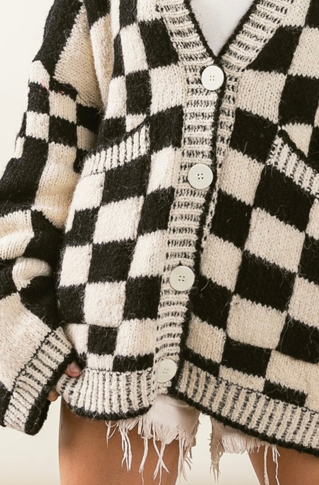 Patch Pockets Checkered Sweater Cardigan