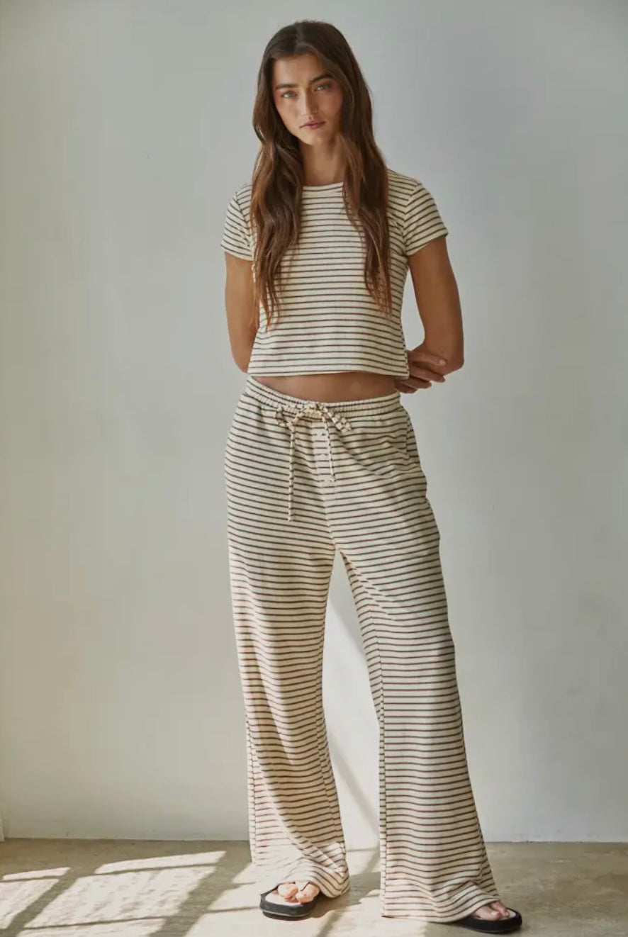 Knit Striped Tie Flare Pant and Short Sleeve Top SET