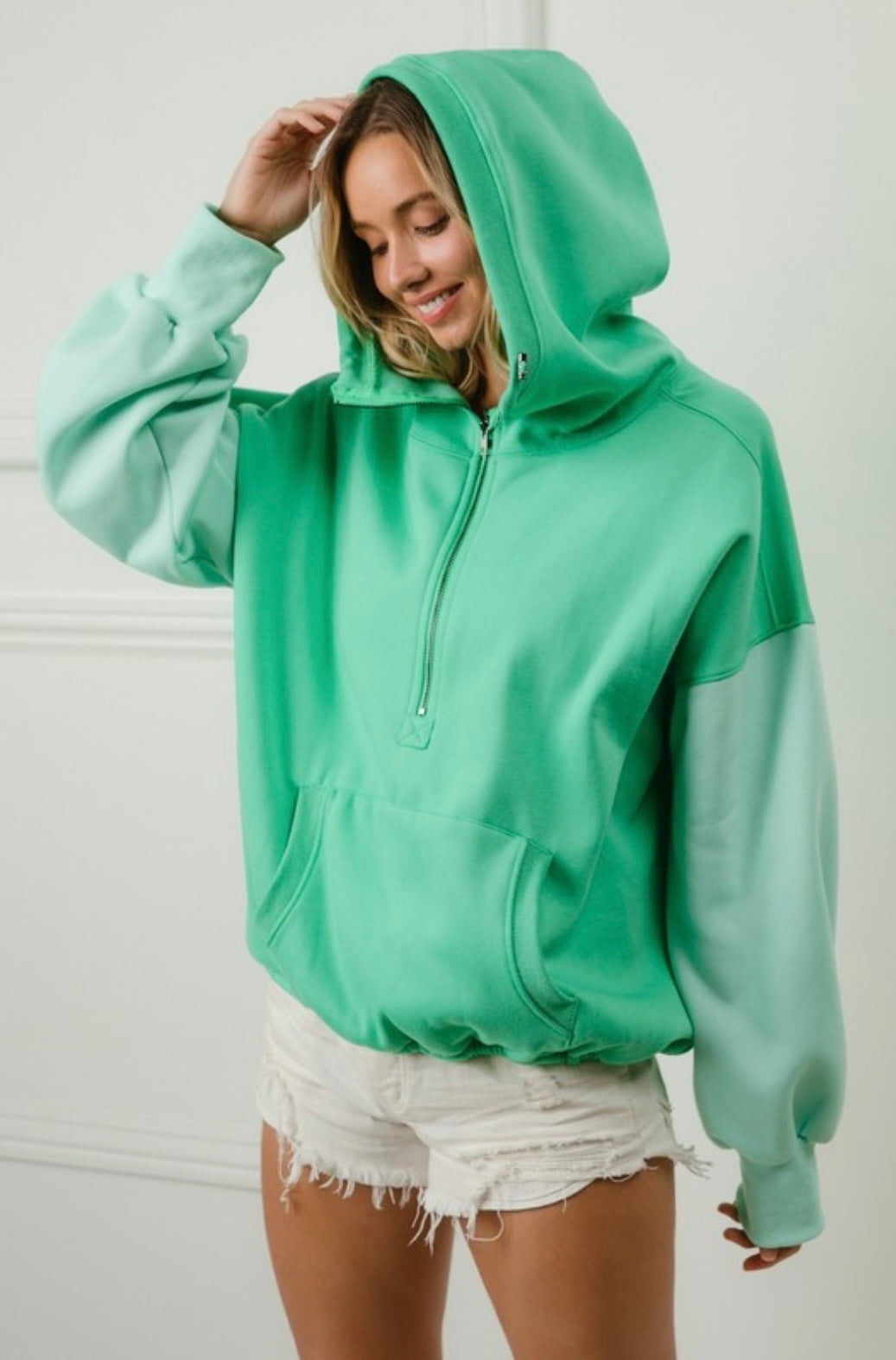 Color Block Elastic Hem Fleece Hoodie