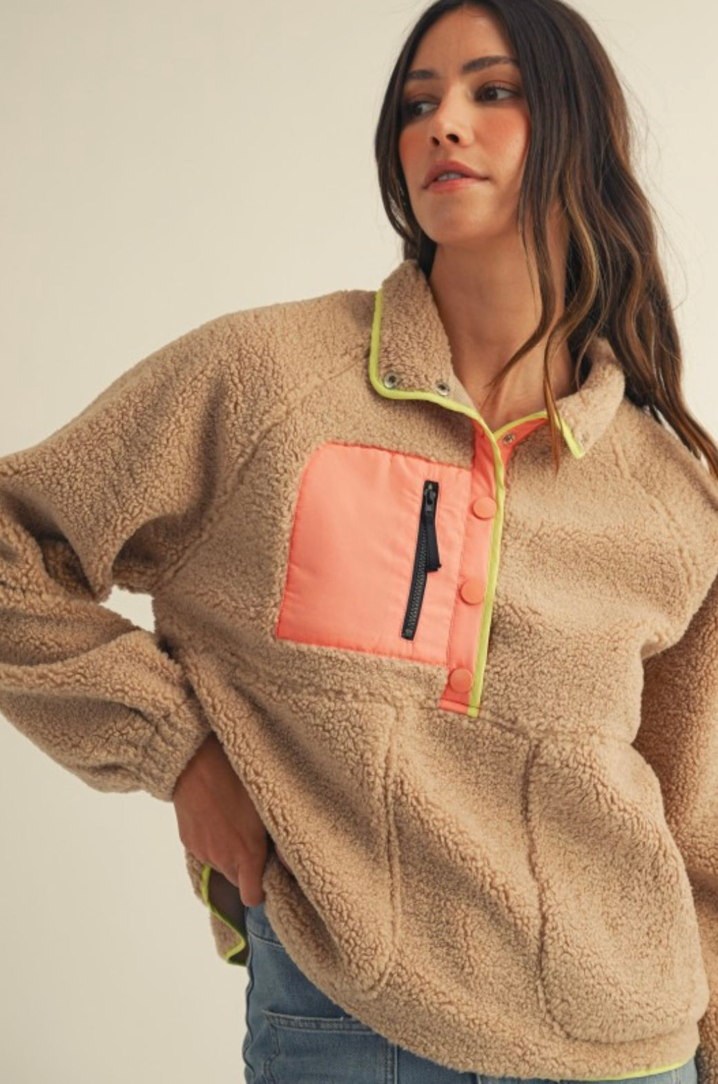 Fleece Daily Colorblock Button Pullover