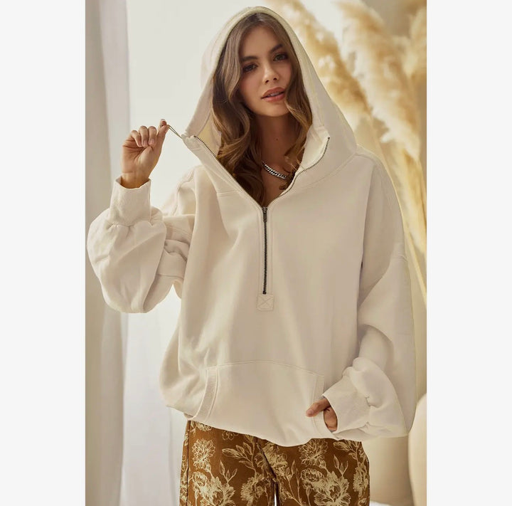 Stitch Detailed Elastic Hem Half Zip Fleece Hoodie