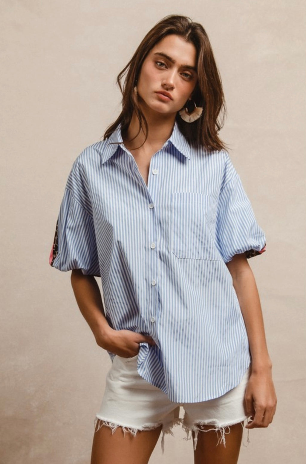 Chambray & Leopard Button Down Top