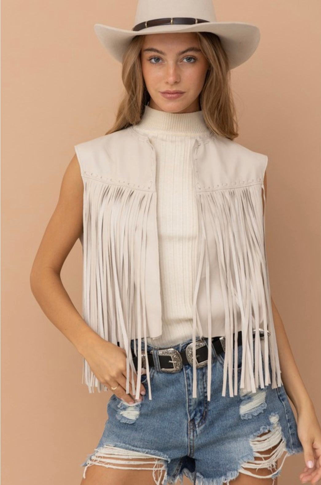 Faux Leather Fringe Braided Yoke Crop Waist Length Vest