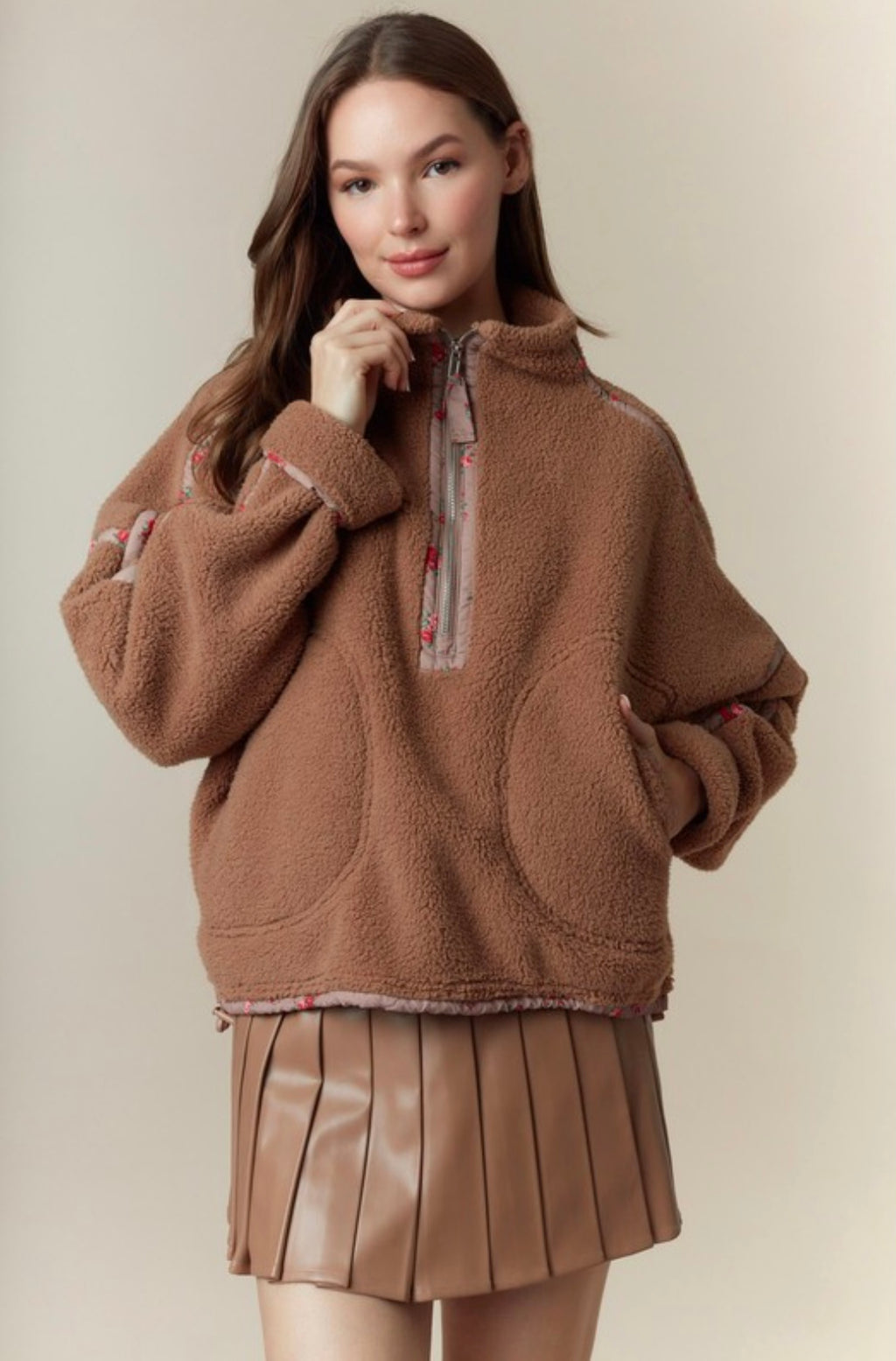 Ditsy Floral Printed Half Zip Sherpa