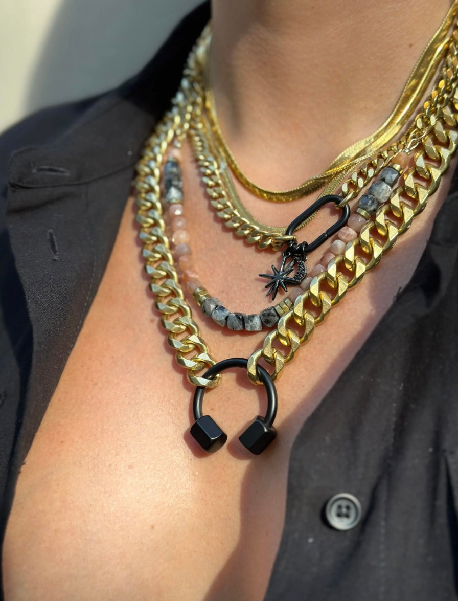 Rachel Nathan Beads & Chain Necklace Larvikite & Peach Moonstone