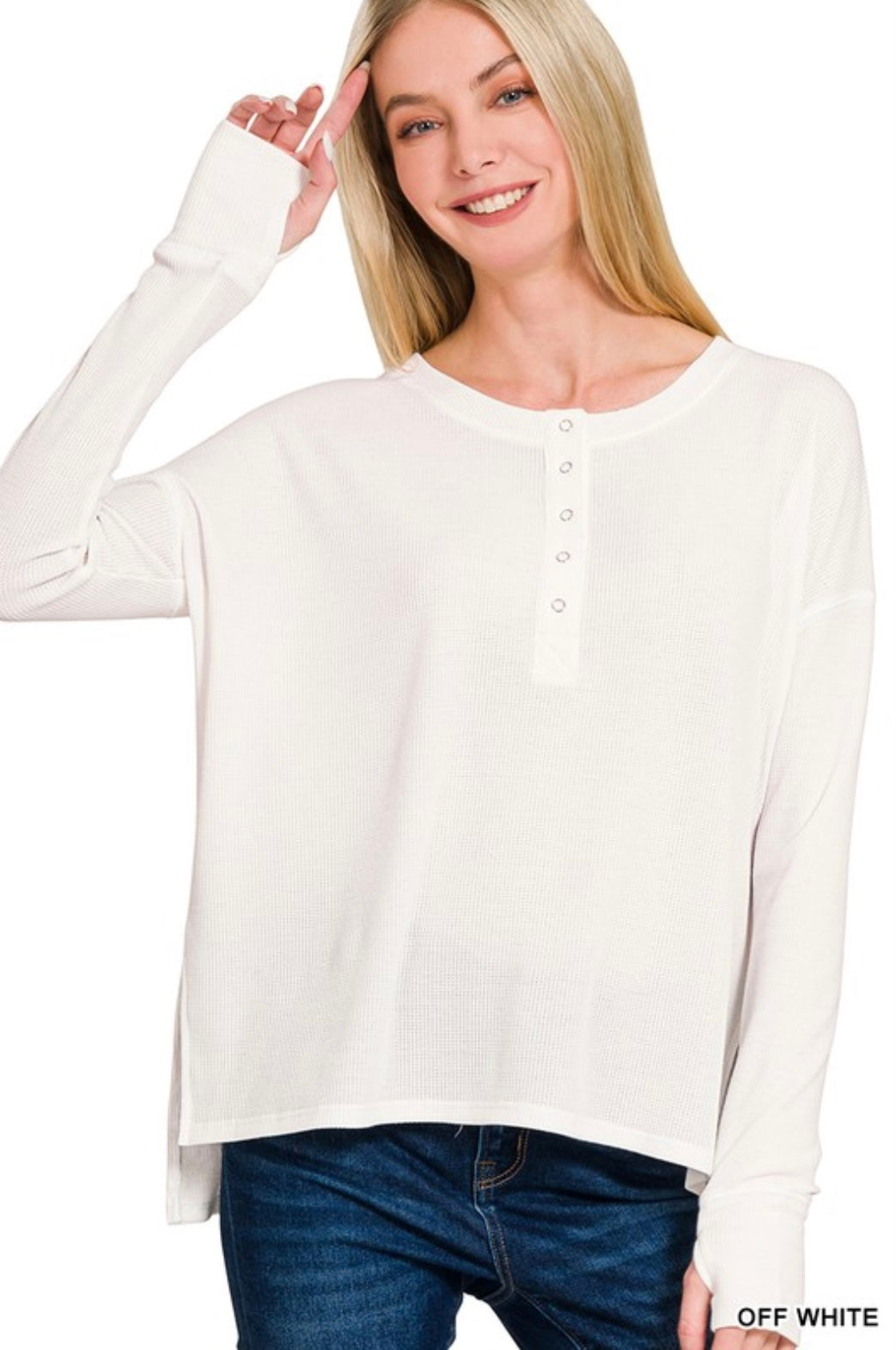 Waffle Thumb Hole Cuffs Henley Tee
