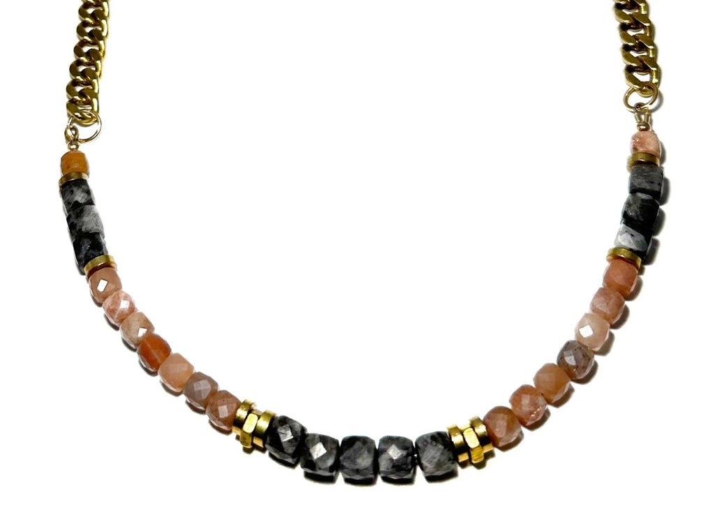 Rachel Nathan Beads & Chain Necklace Larvikite & Peach Moonstone