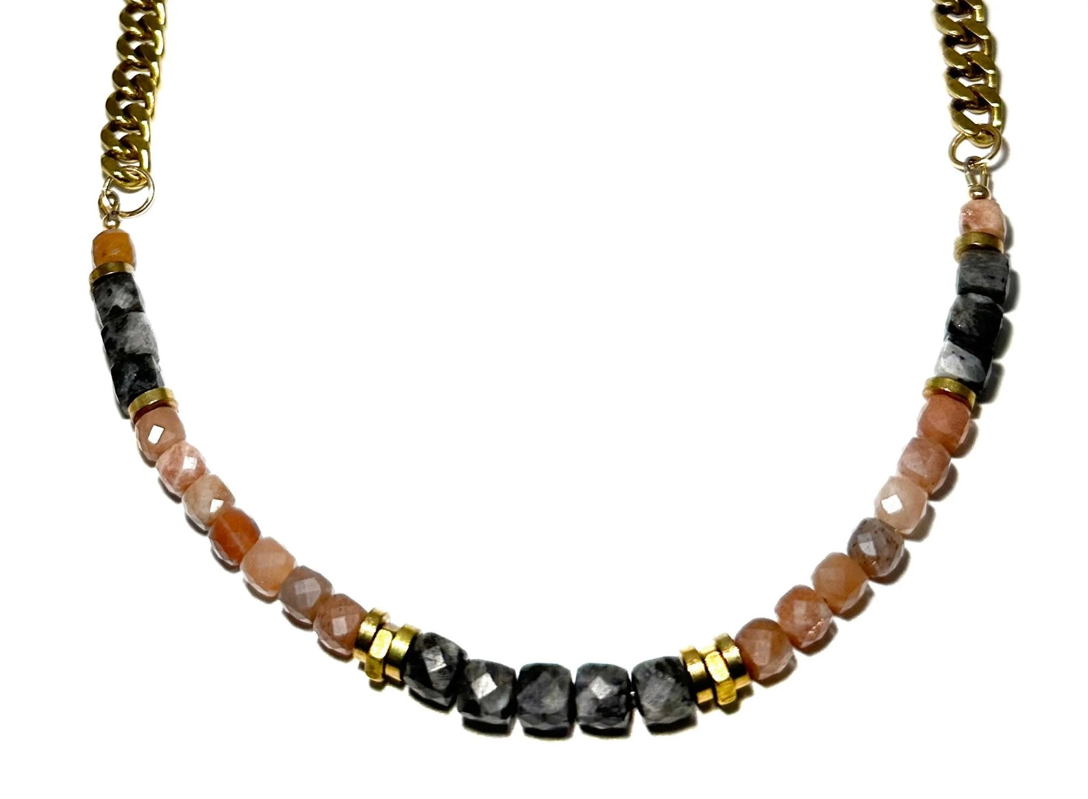 Rachel Nathan Beads & Chain Necklace Larvikite & Peach Moonstone