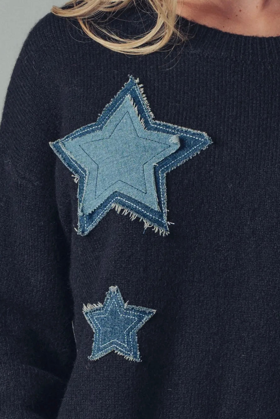 Denim Star Patch Cropped Knit Sweater