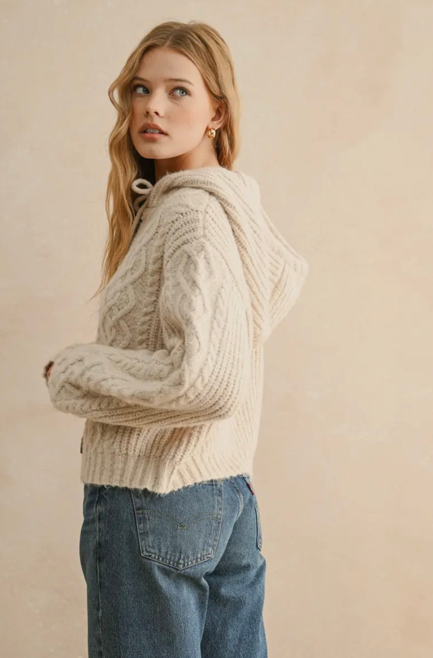 Long Sleeve Cable Knit Cardigan With Hood
