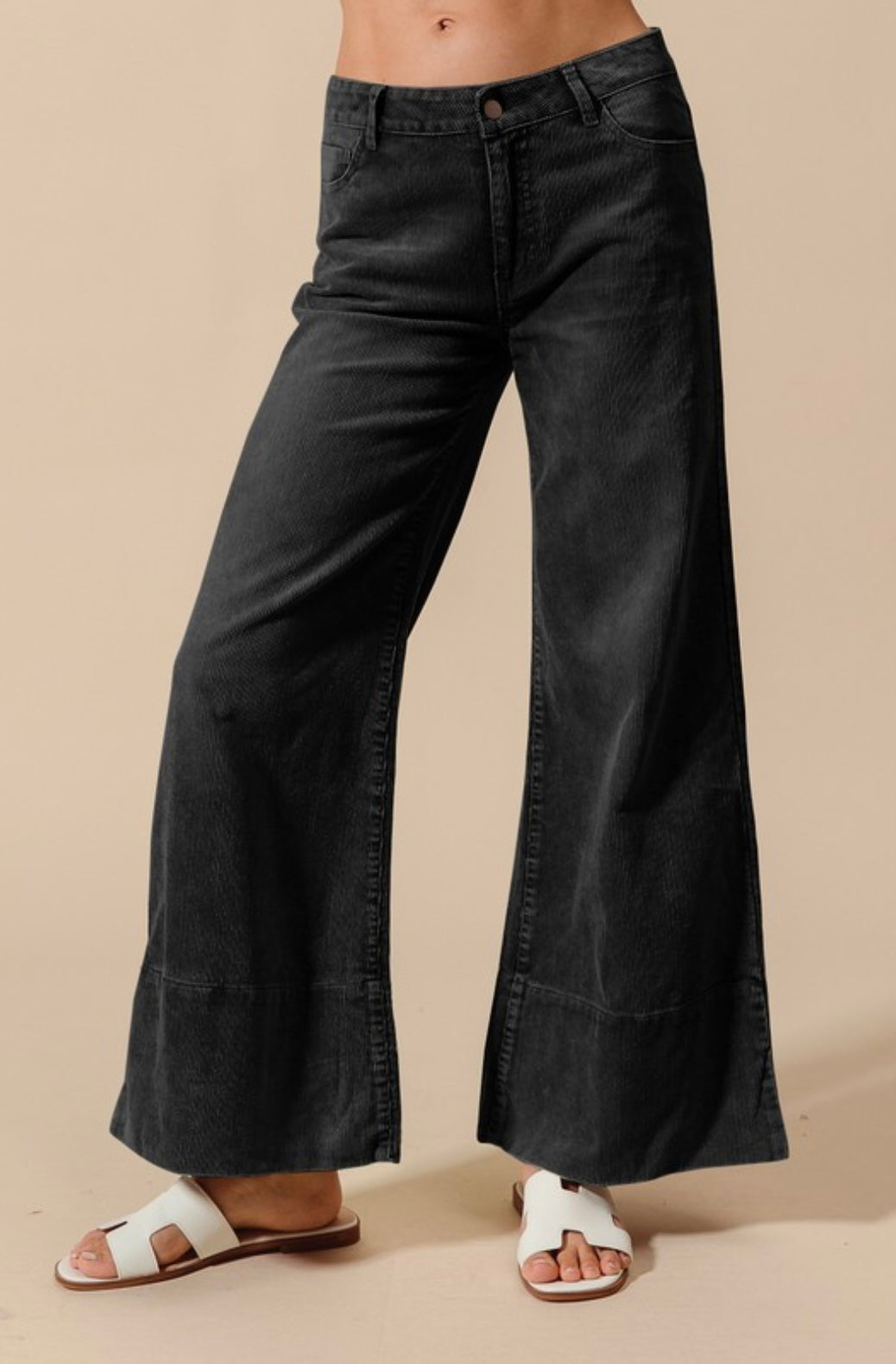 Wide Leg Flared Washed Corduroy Pants With Side Slits