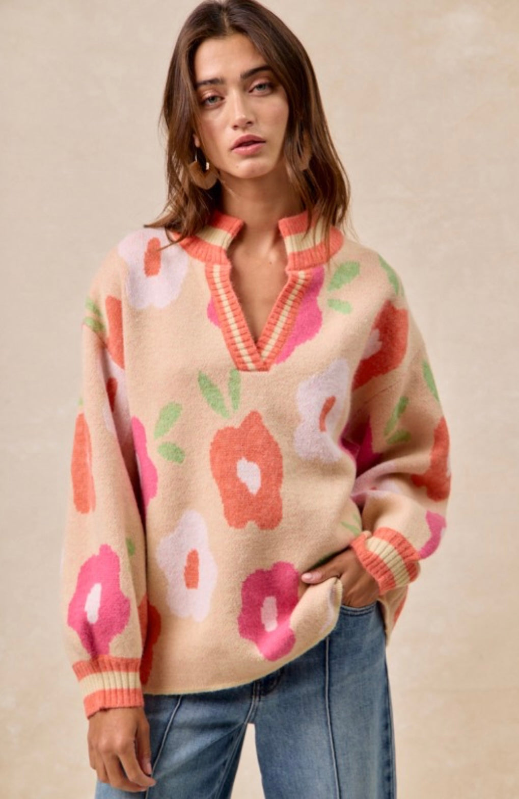 Flower Printed V Neck Banded Top