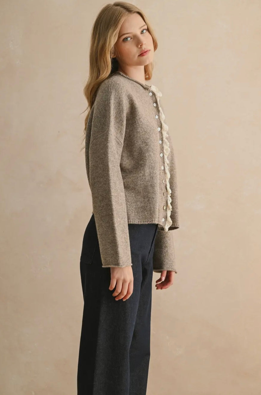 Button Front Lace Trim Knitted Cardigan
