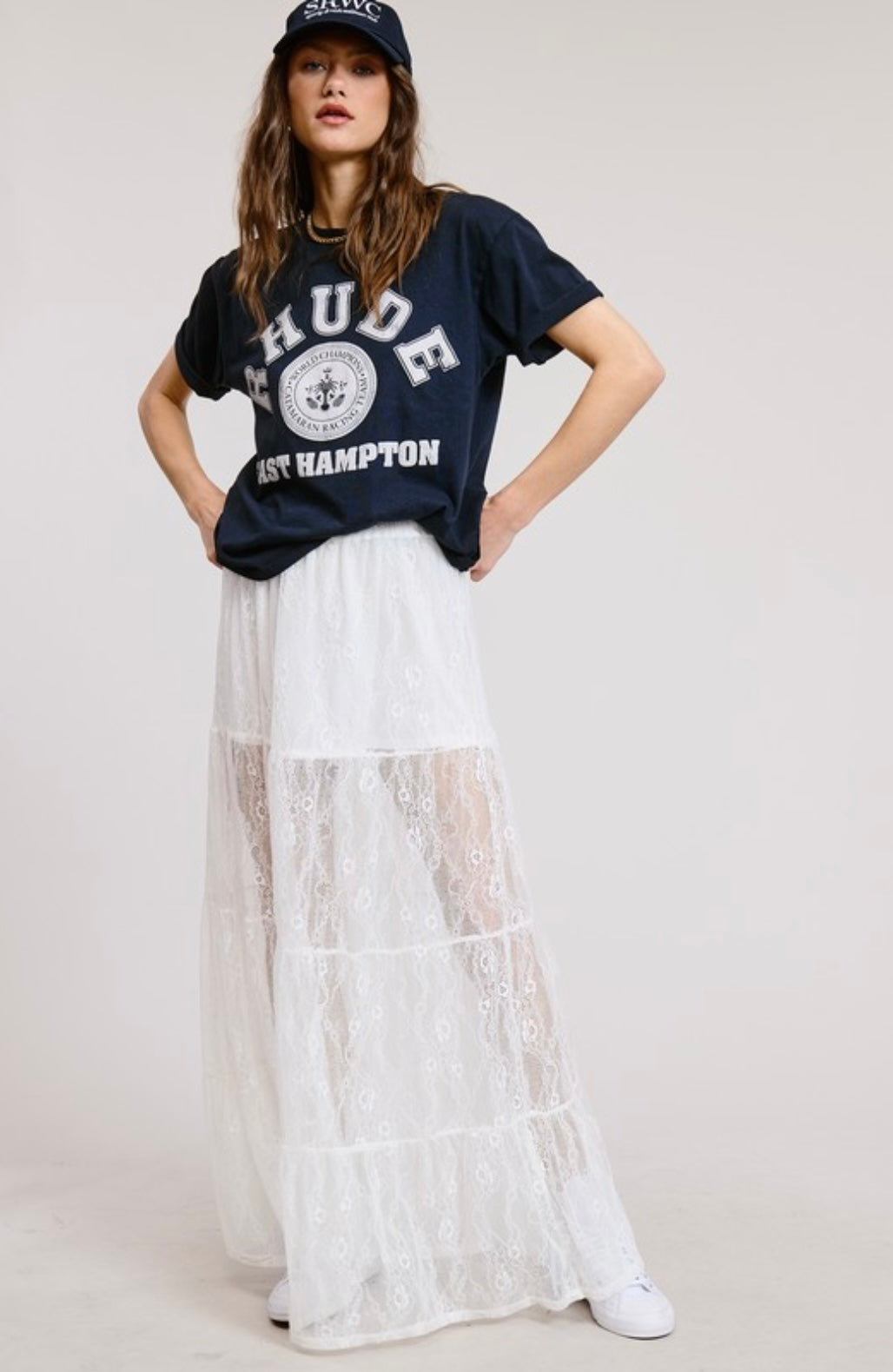 Boho Tiered Floral Lace Maxi Skirt with Mini Lining
