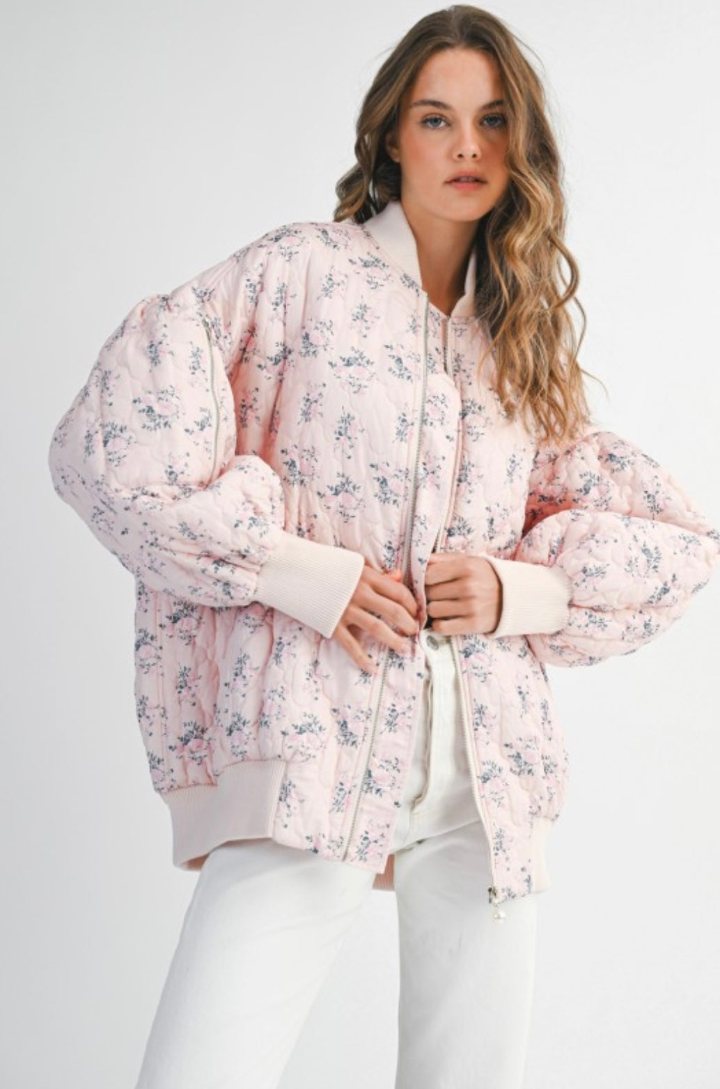 Floral Print Quilted Oversized Bomber Jacket