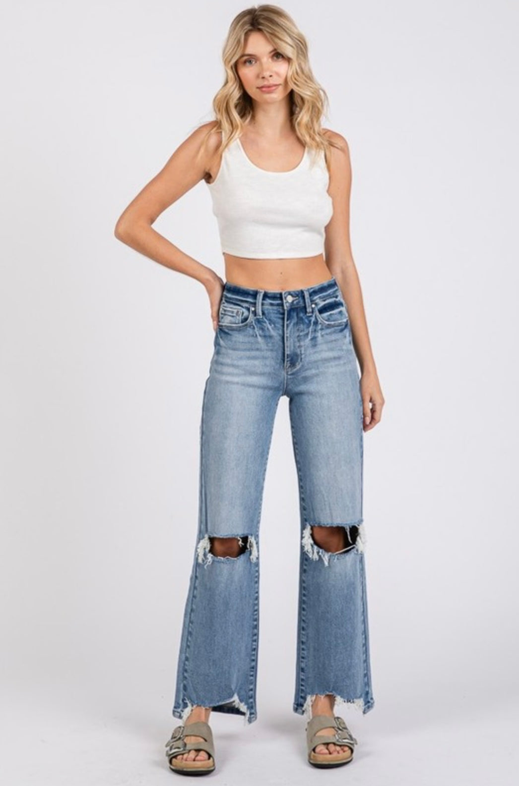 Petra High Rise Stretch Slim Wide Leg w/ Destroyed Hem Jean