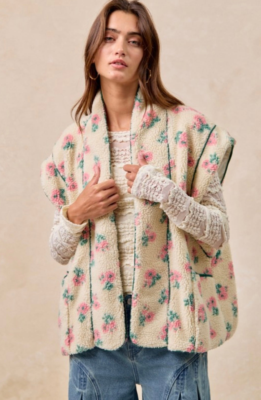 Floral Print Drop Shoulder Fleece Vest With Patch Pockets