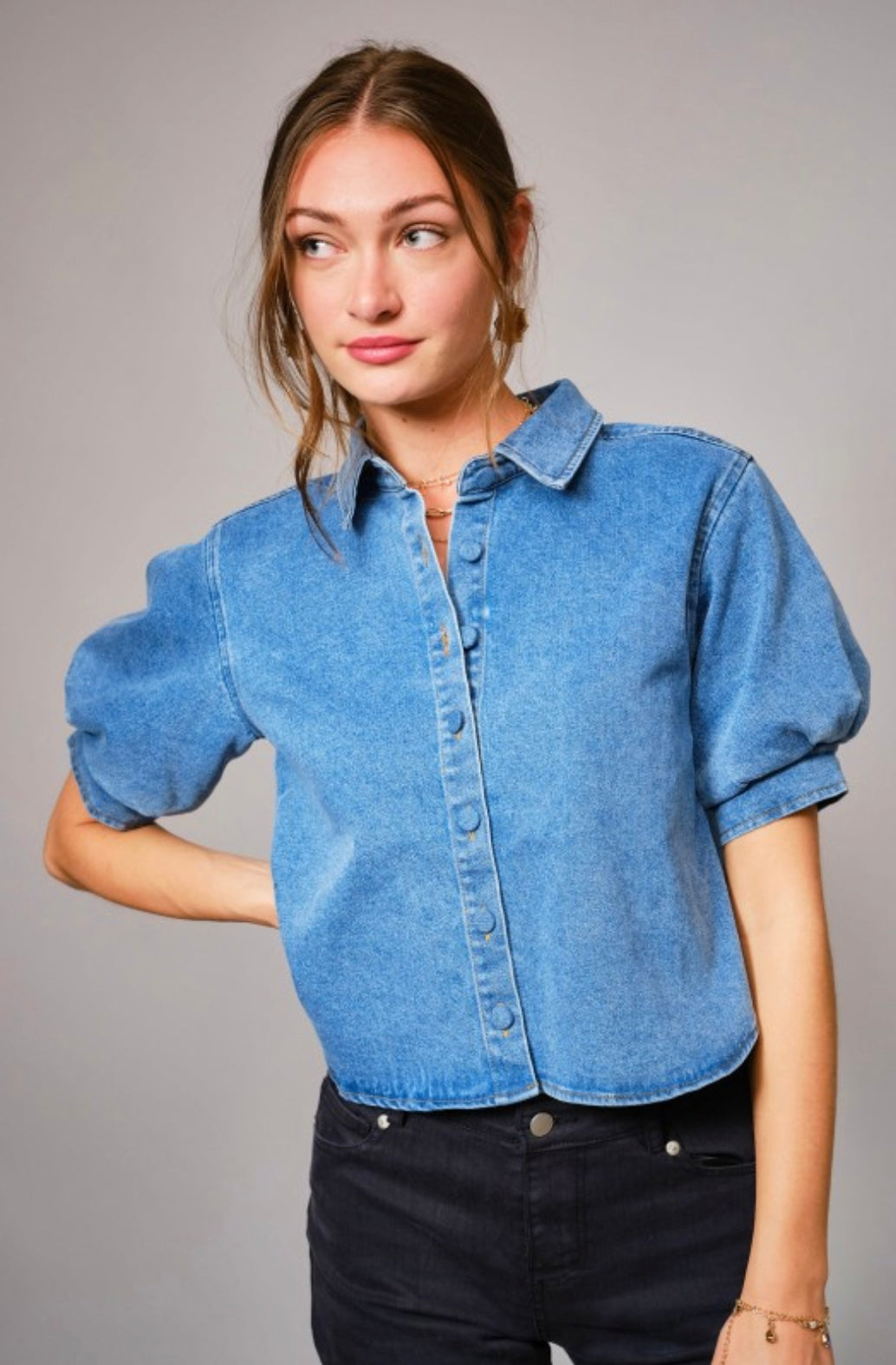 Puff Short Sleeve Button Down Denim Shirt