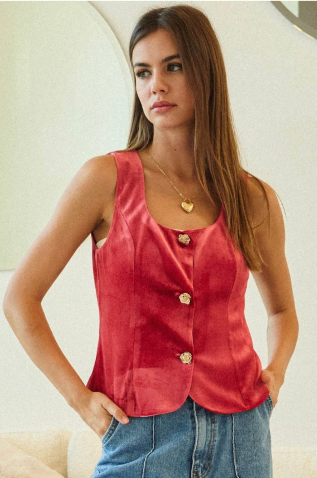 Luxe Velvet Rose Button Vest