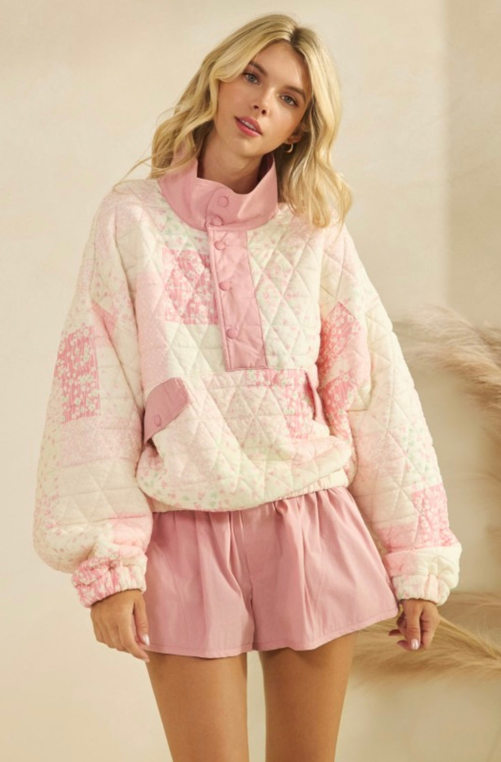 Pink Floral Patchwork Quilted Pullover