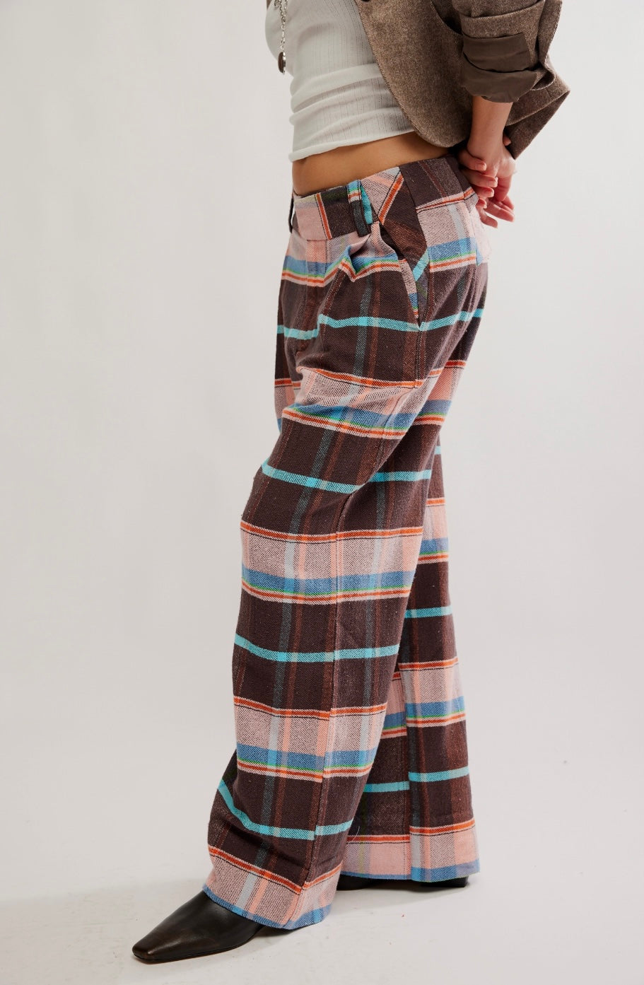 Free People Buckle Back Plaid Trousers