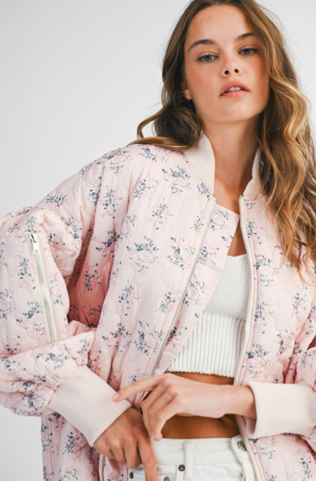 Floral Print Quilted Oversized Bomber Jacket