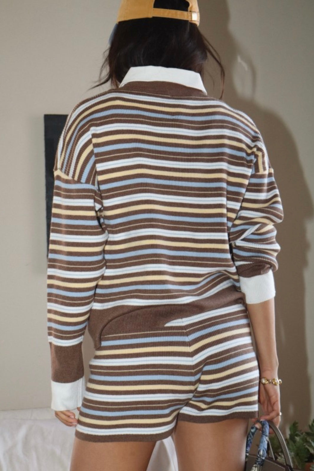 Bailey Rose Striped Knit Collared Shirt And Knit Flare Pant Set