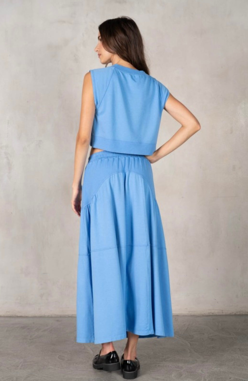 Terry Midi Skirt With Contrast Rib Detail and Terry Crew Neck Cropped Muscle Tank Set