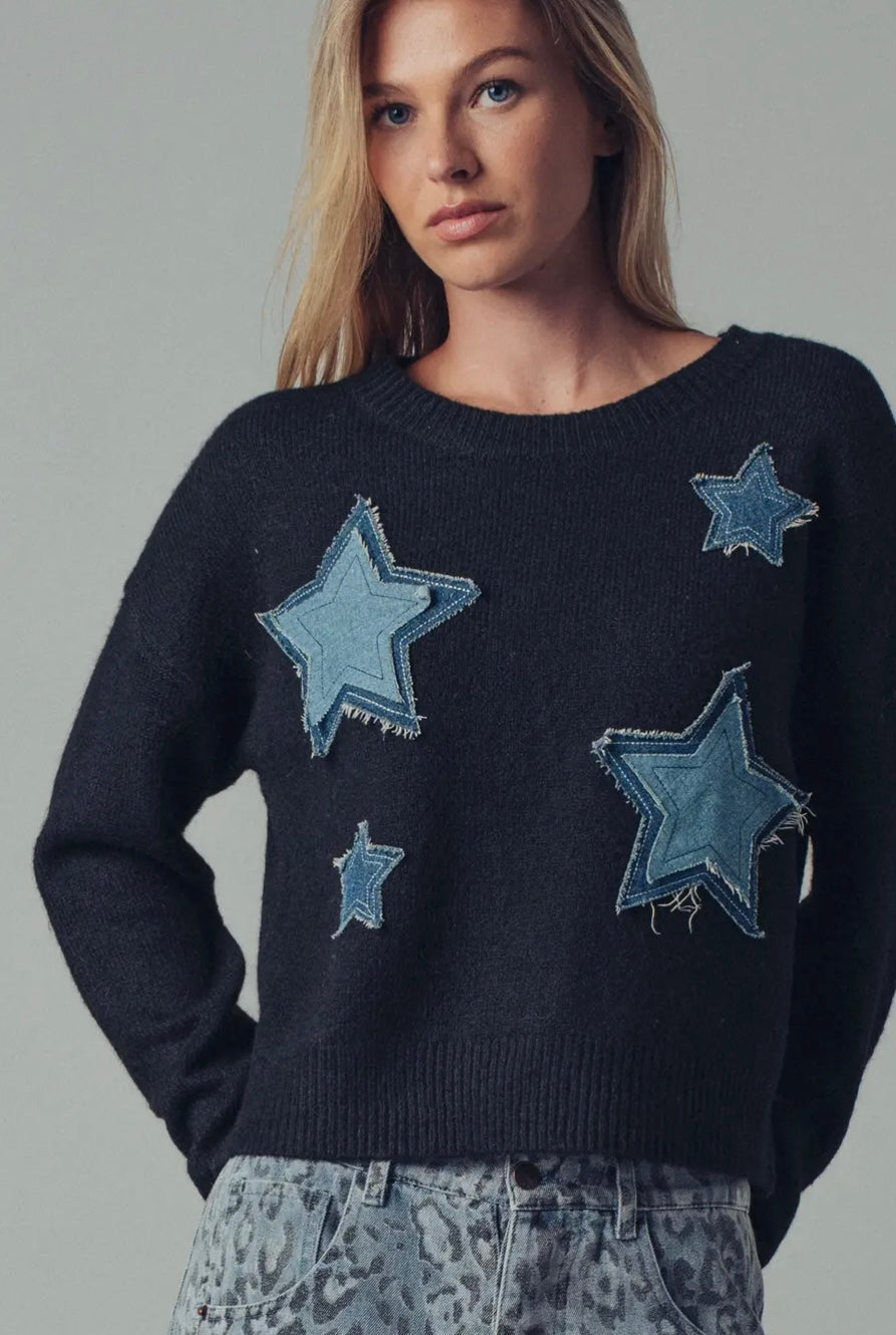 Denim Star Patch Cropped Knit Sweater