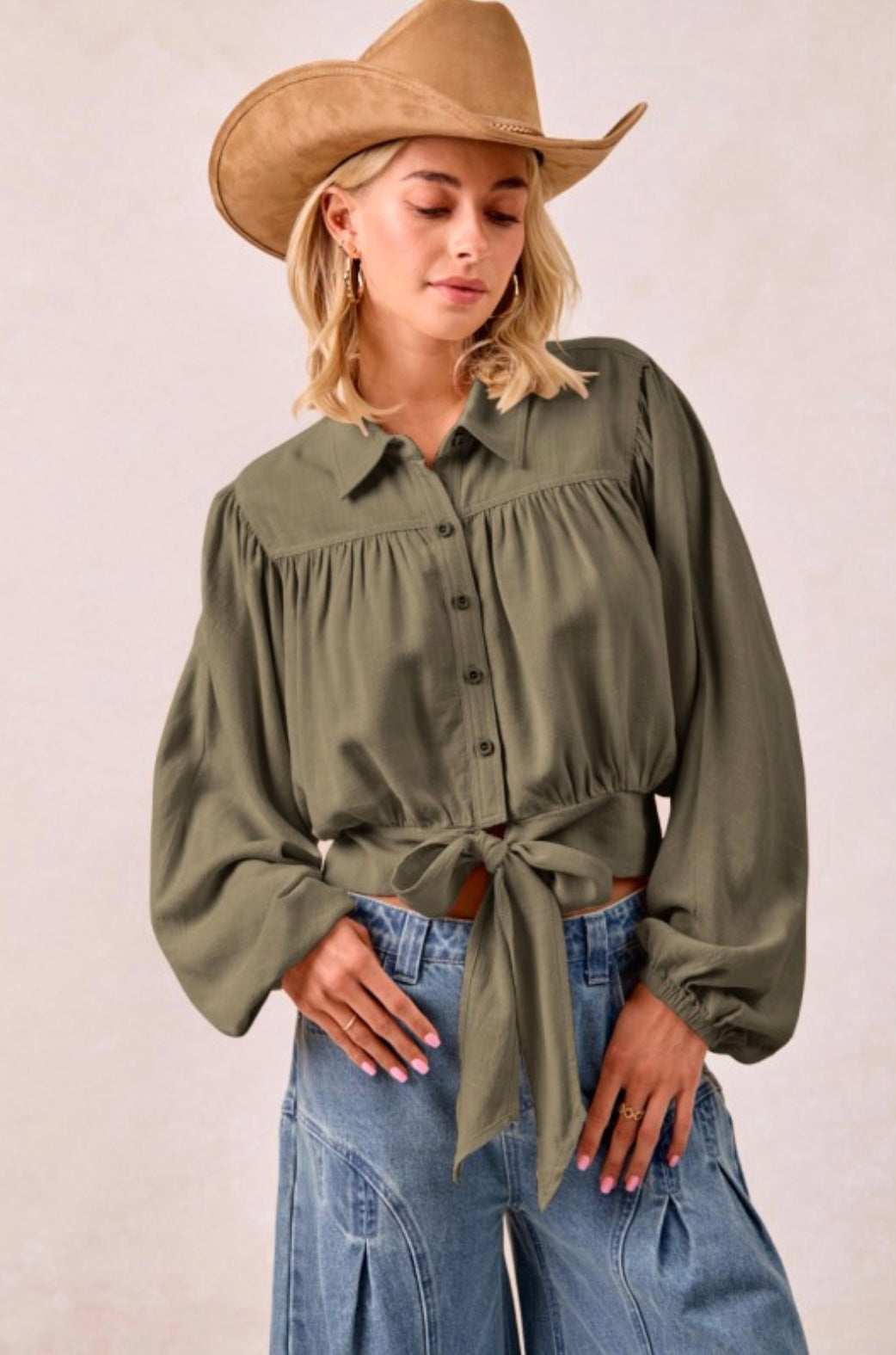 Linen Viscose Tie Hem Detail Crop Blouse