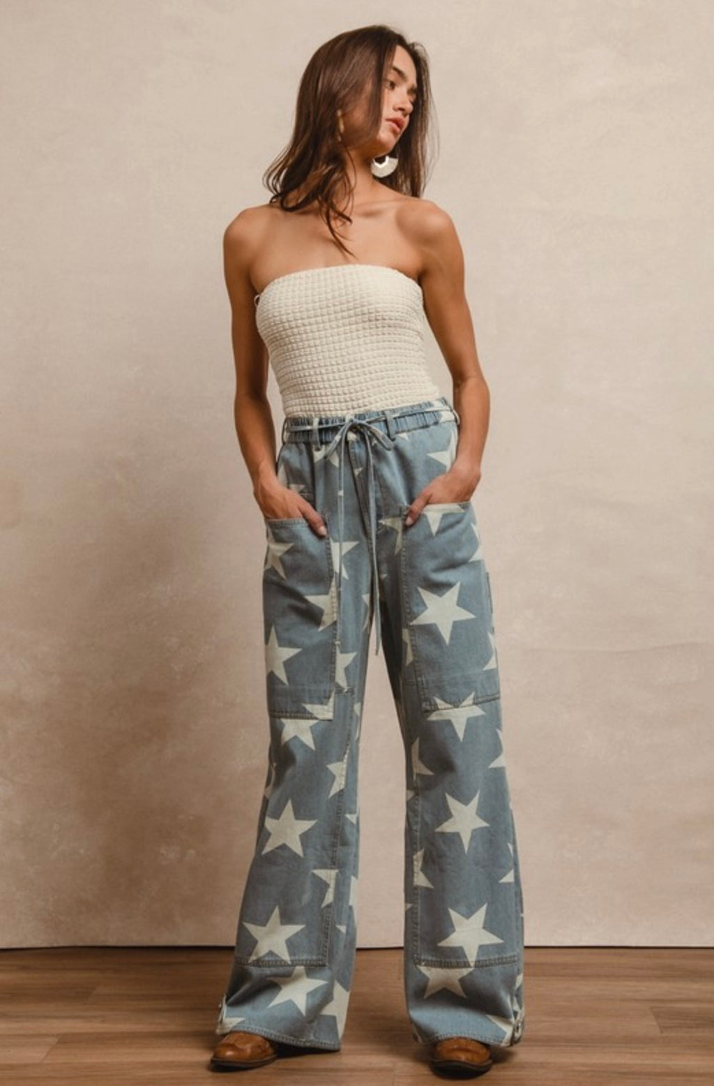 Washed Star Denim Waist Tie Long Pant