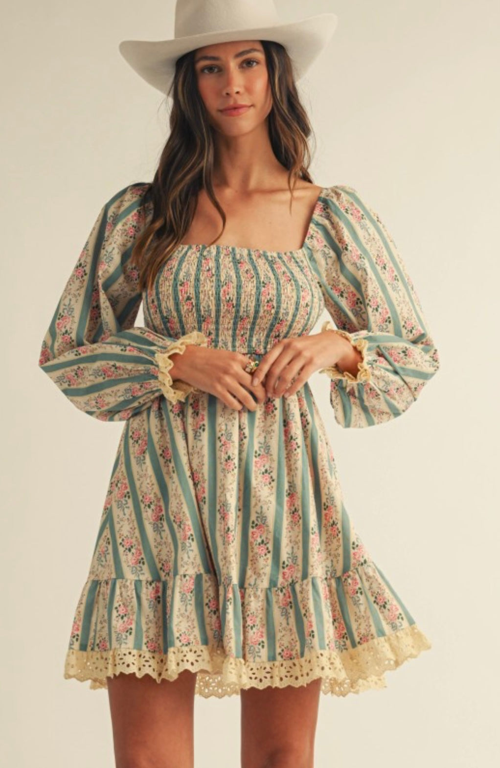 French Style Floral Smocked Lace Dress