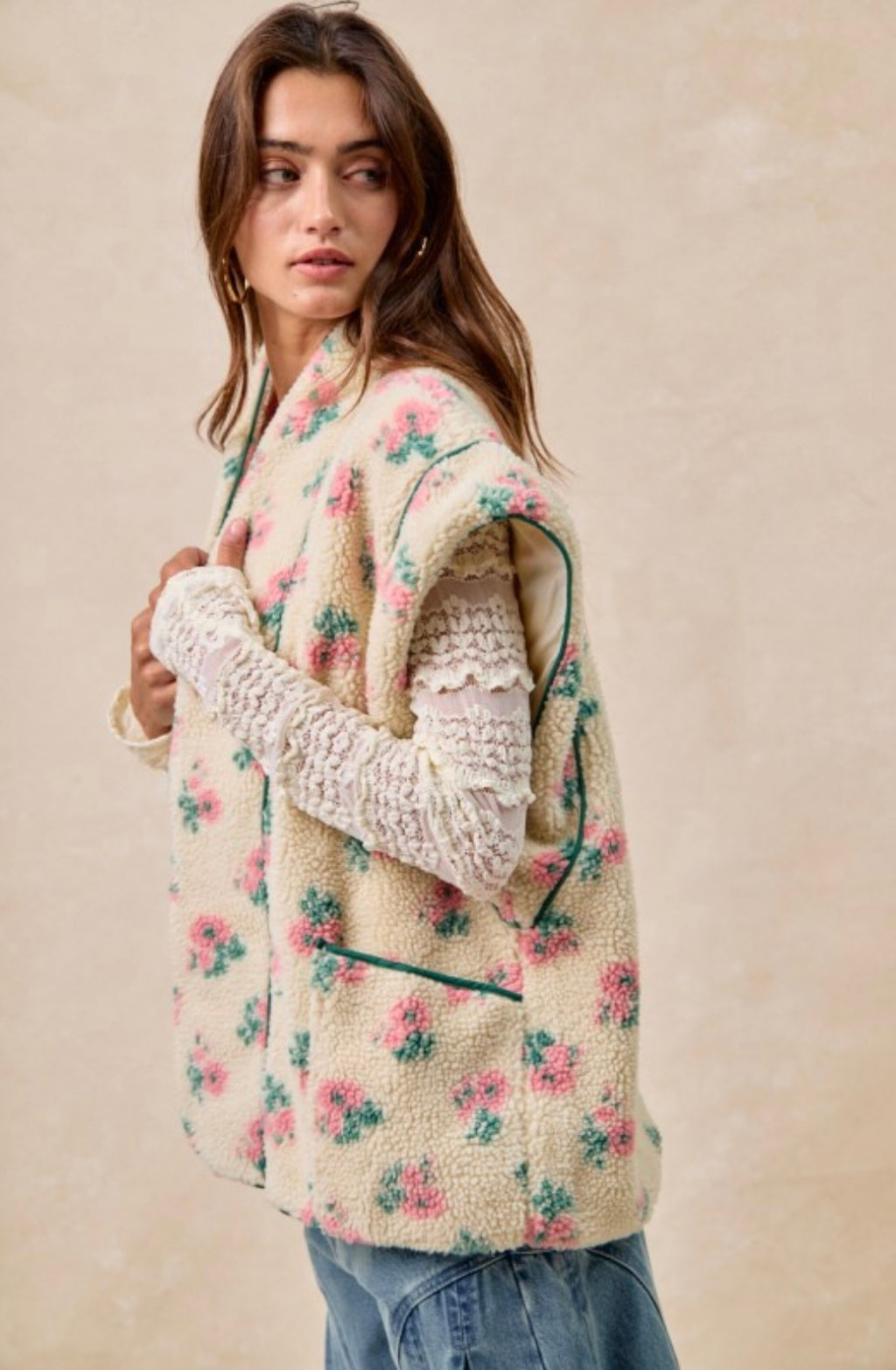 Floral Print Drop Shoulder Fleece Vest With Patch Pockets