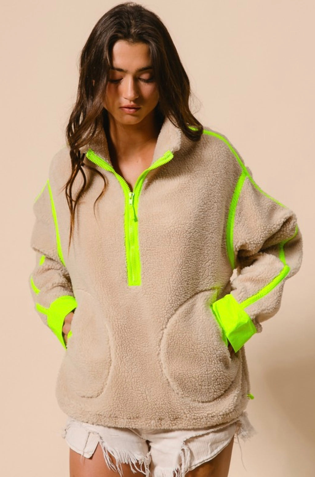 Contrast Edge Half Zip Up Sherpa Jacket With Pockets
