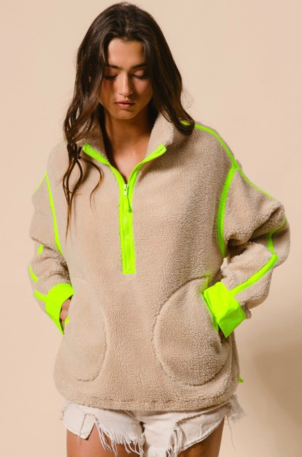 Contrast Edge Half Zip Up Sherpa Jacket With Pockets