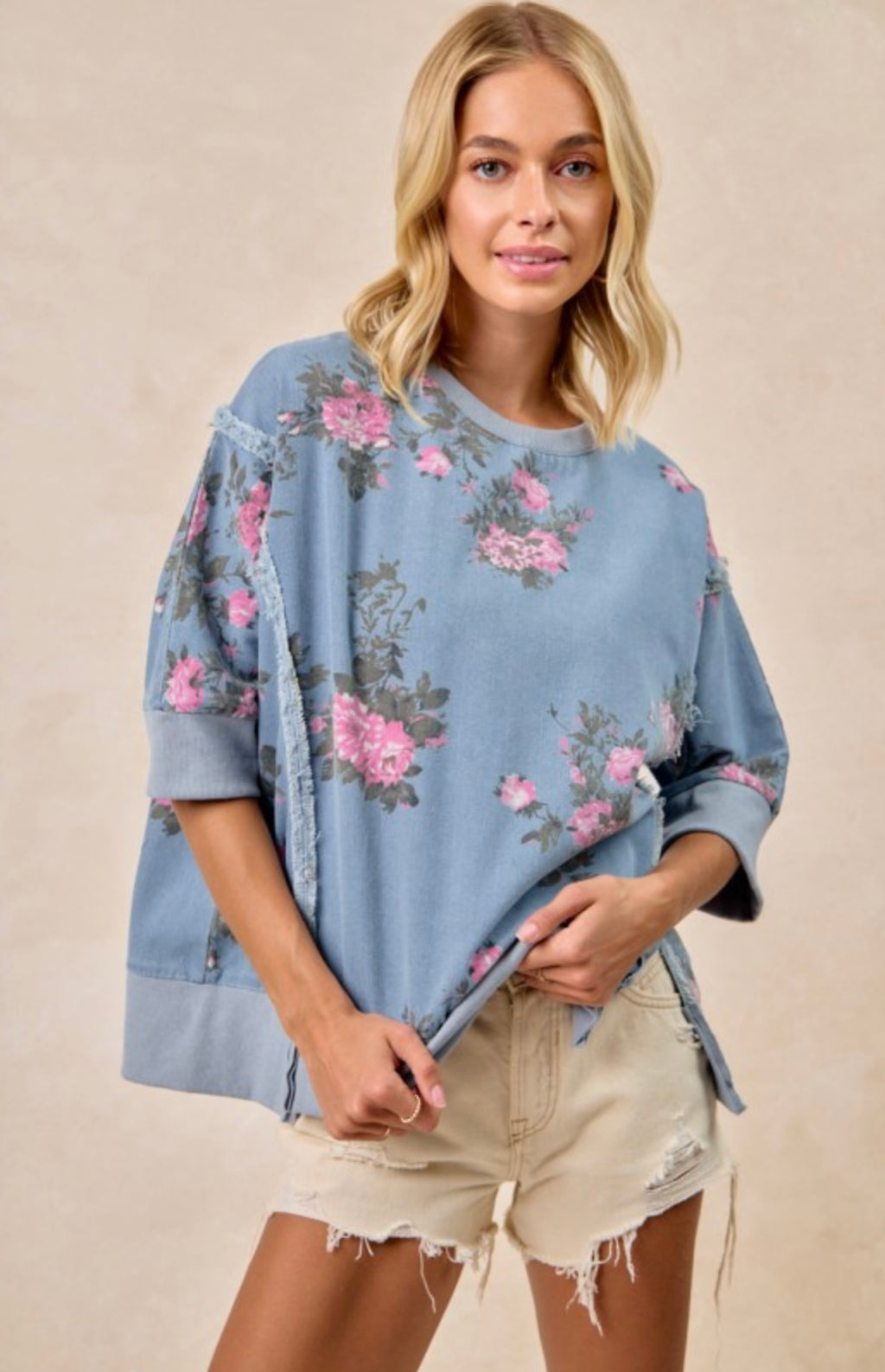 Flower Printed Denim Open Seam Short Sleeve Top
