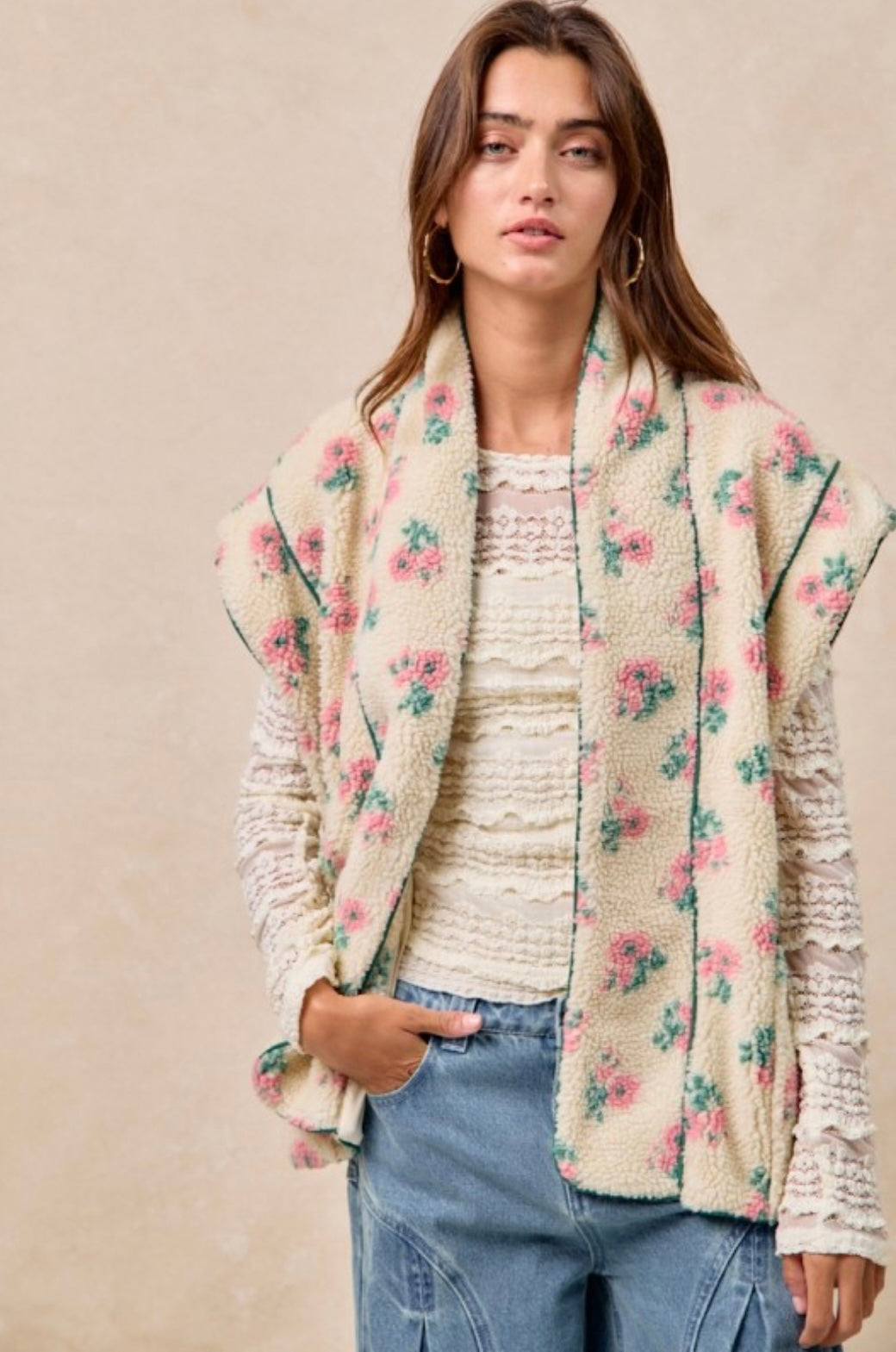 Floral Print Drop Shoulder Fleece Vest With Patch Pockets