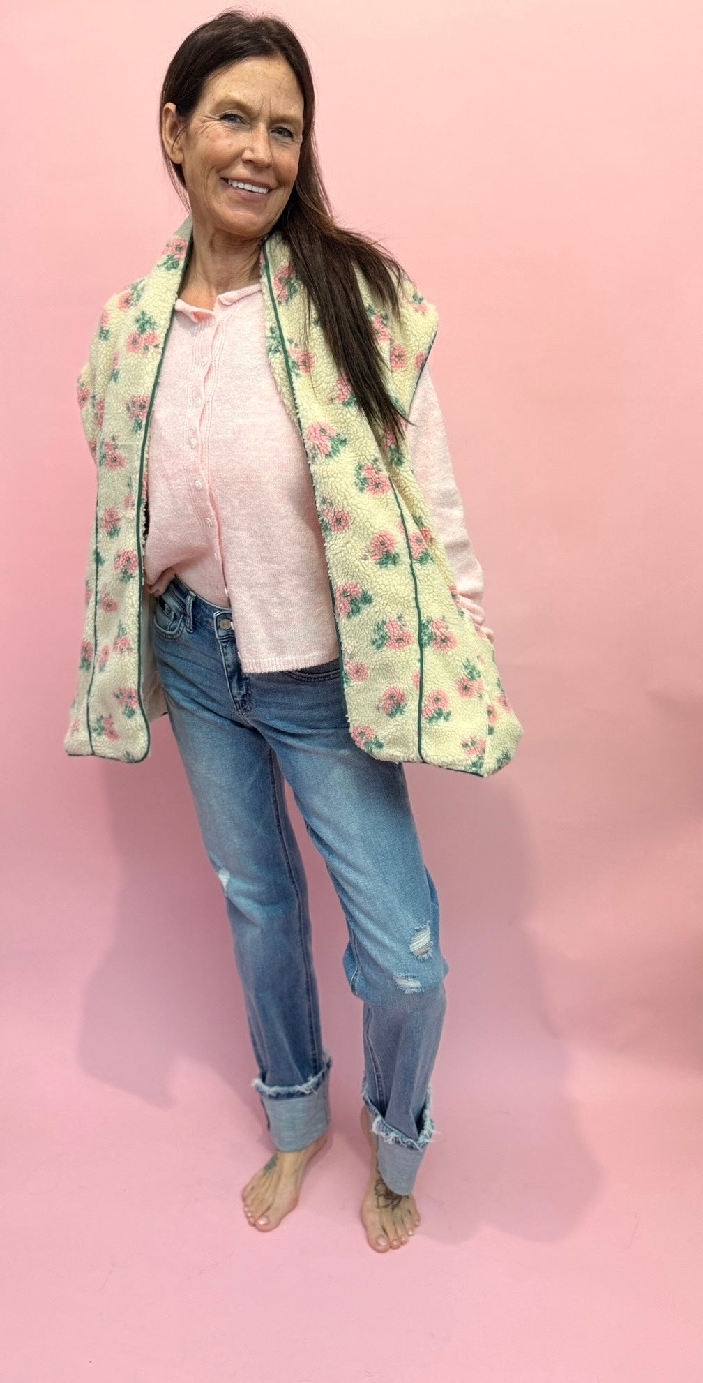 Floral Print Drop Shoulder Fleece Vest With Patch Pockets