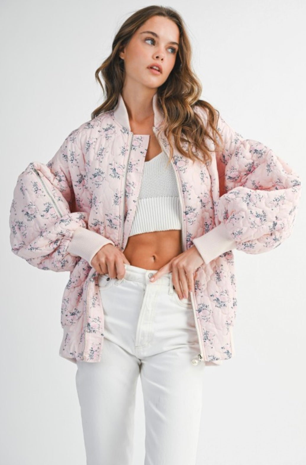 Floral Print Quilted Oversized Bomber Jacket