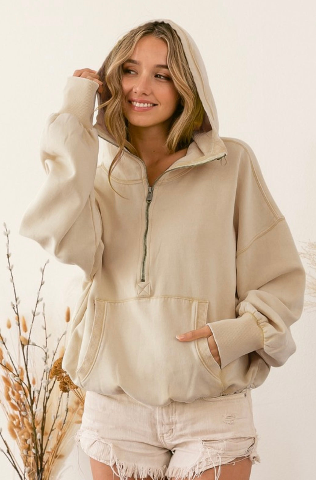 Stitch Detailed Elastic Hem Half Zip Fleece Hoodie