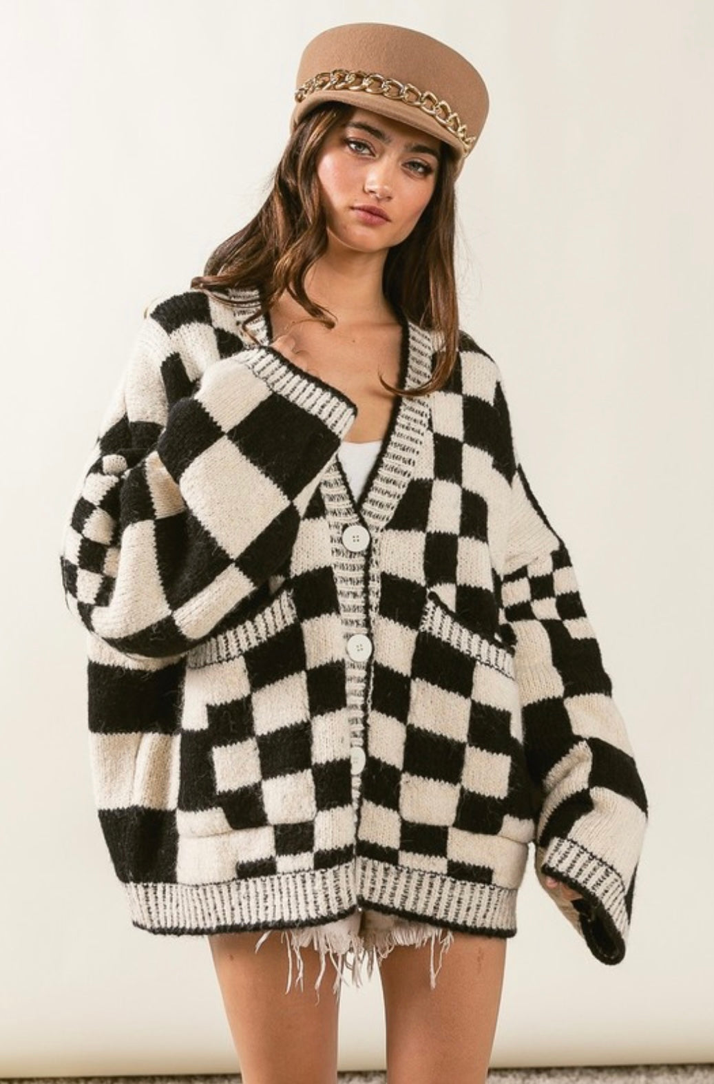 Patch Pockets Checkered Sweater Cardigan