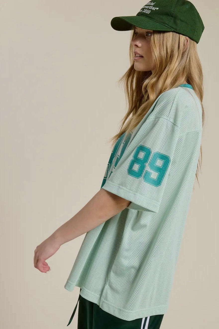 Sporty V Neck Short Sleeve Jersey Top with 89 Graphic Print